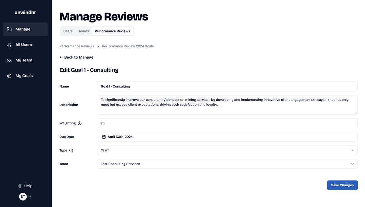 A screenshot of the UnwindHR dashboard (admin view) on the Manage goals tab. It displays a table of the company's goals, with columns for name, description, and status.