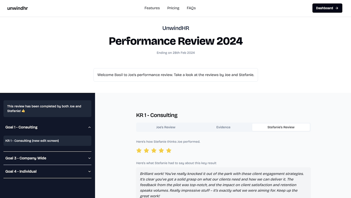 A screenshot of the UnwindHR dashboard (admin view) on the Performance Review tab. It showcases a simple, visually appealing UI with a clear scoring system, alongside evidence and comments for each KPI or OKR.